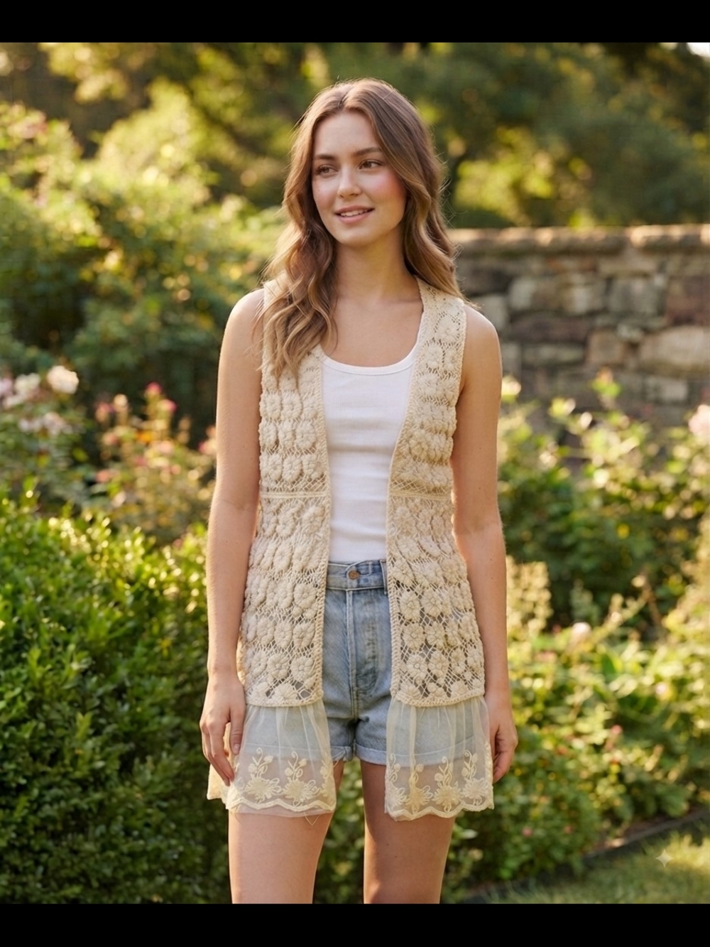 Paisley Vine Cream Crochet Boho Vest - One Size 100% Cotton